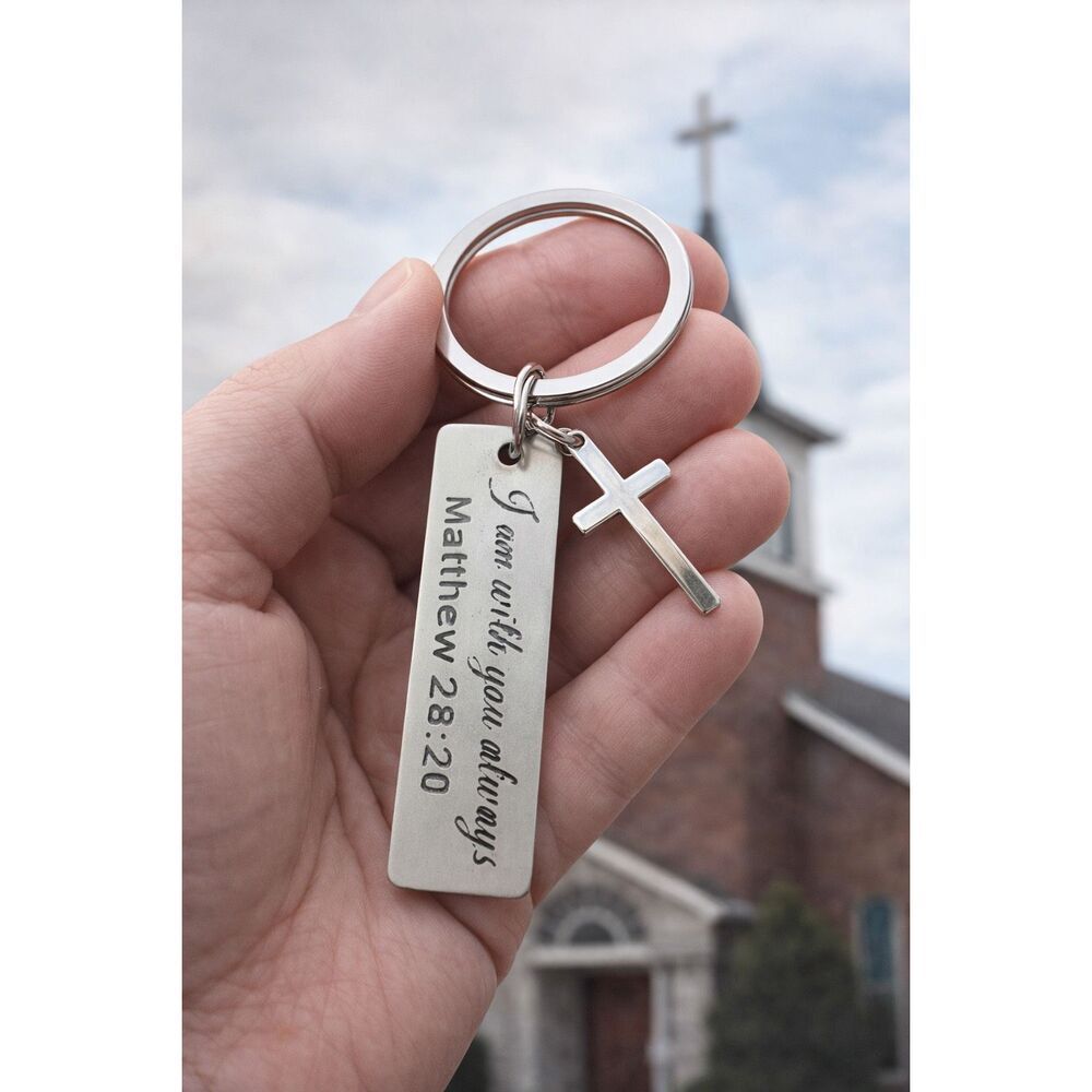 Christian Cross Keychain Matthew 28:20 Bible Verse Faith Gift